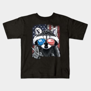 Patriotic Raccoon American Flag 4th of July Kids T-Shirt